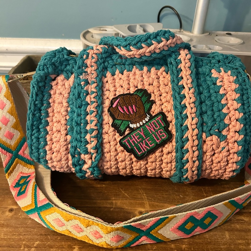 Vibrant Pink and Teal Crochet Travel Bag